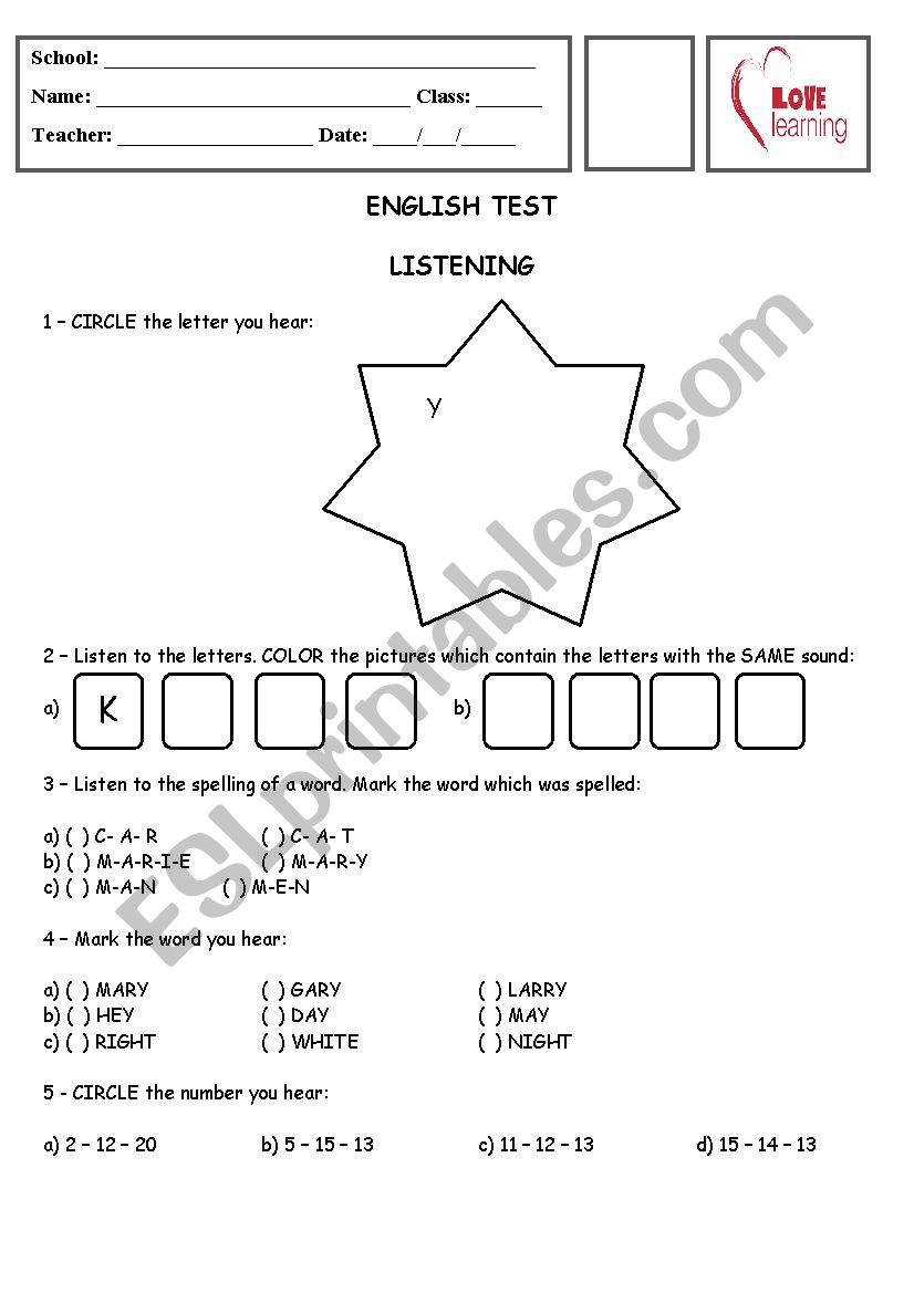 6th GRADE LISTENING TEST worksheet