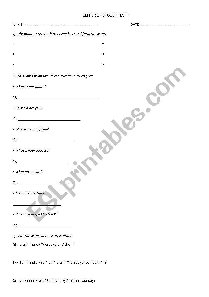 SENIOR 1 - EXAM worksheet