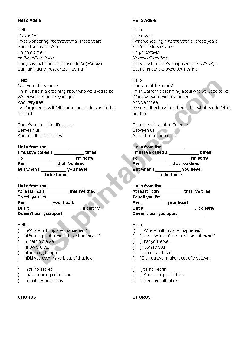 HELLO by Adele worksheet