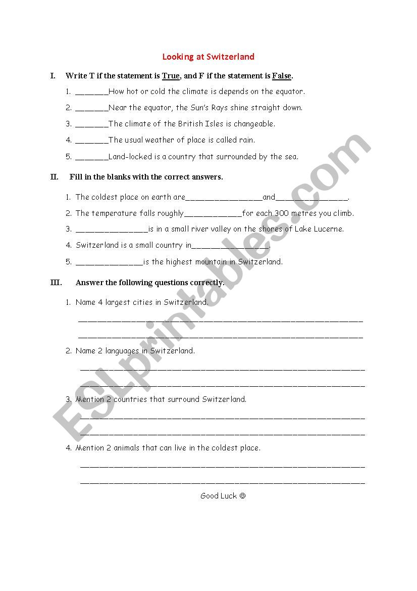 Looking at Switzerland worksheet