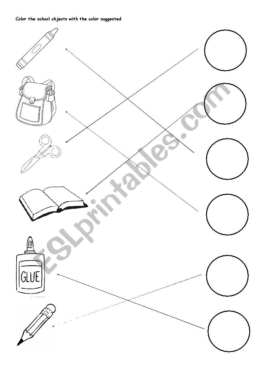 color the school objects with the colour suggested