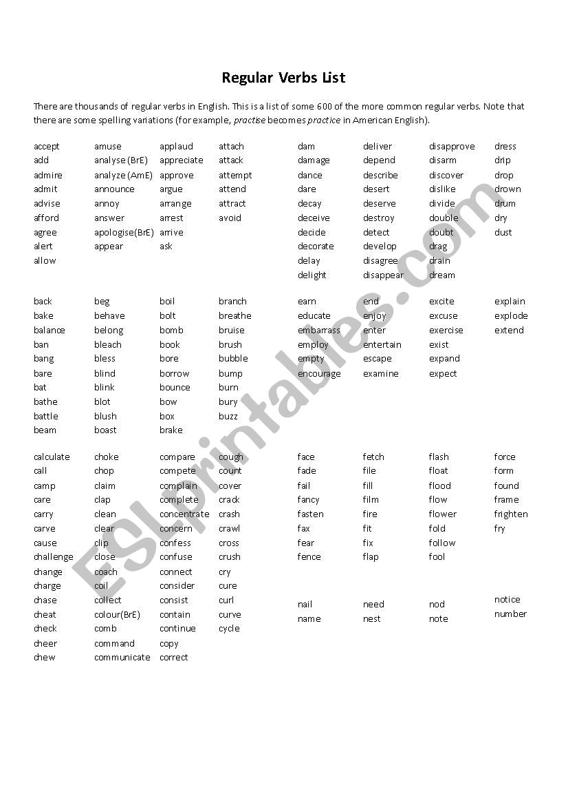 Regular Verb List worksheet