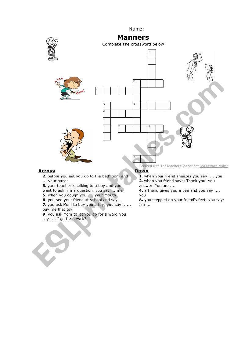 manners crossword worksheet