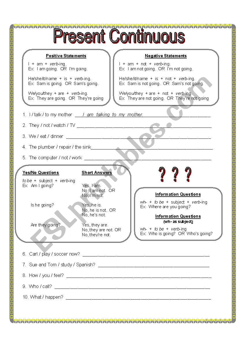 Present Continuous (B&W) worksheet