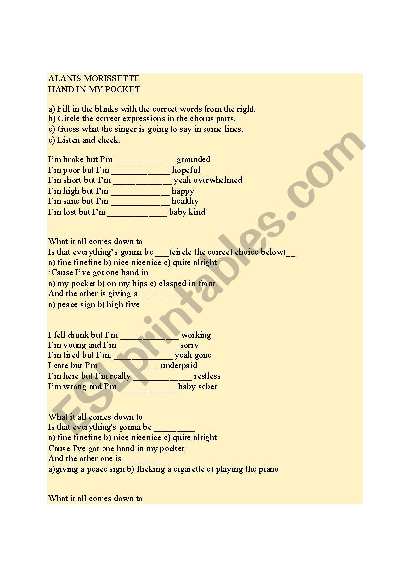 Alannis Morisette Song  worksheet