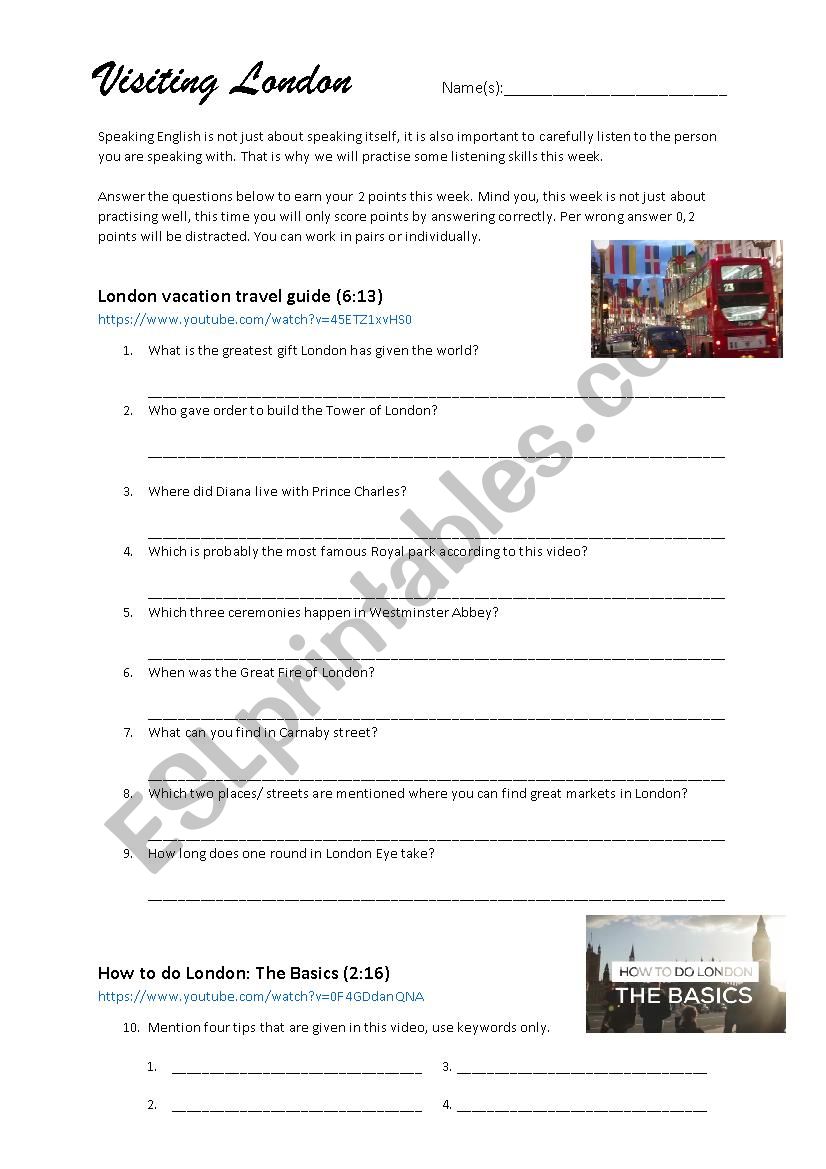 Visiting London worksheet