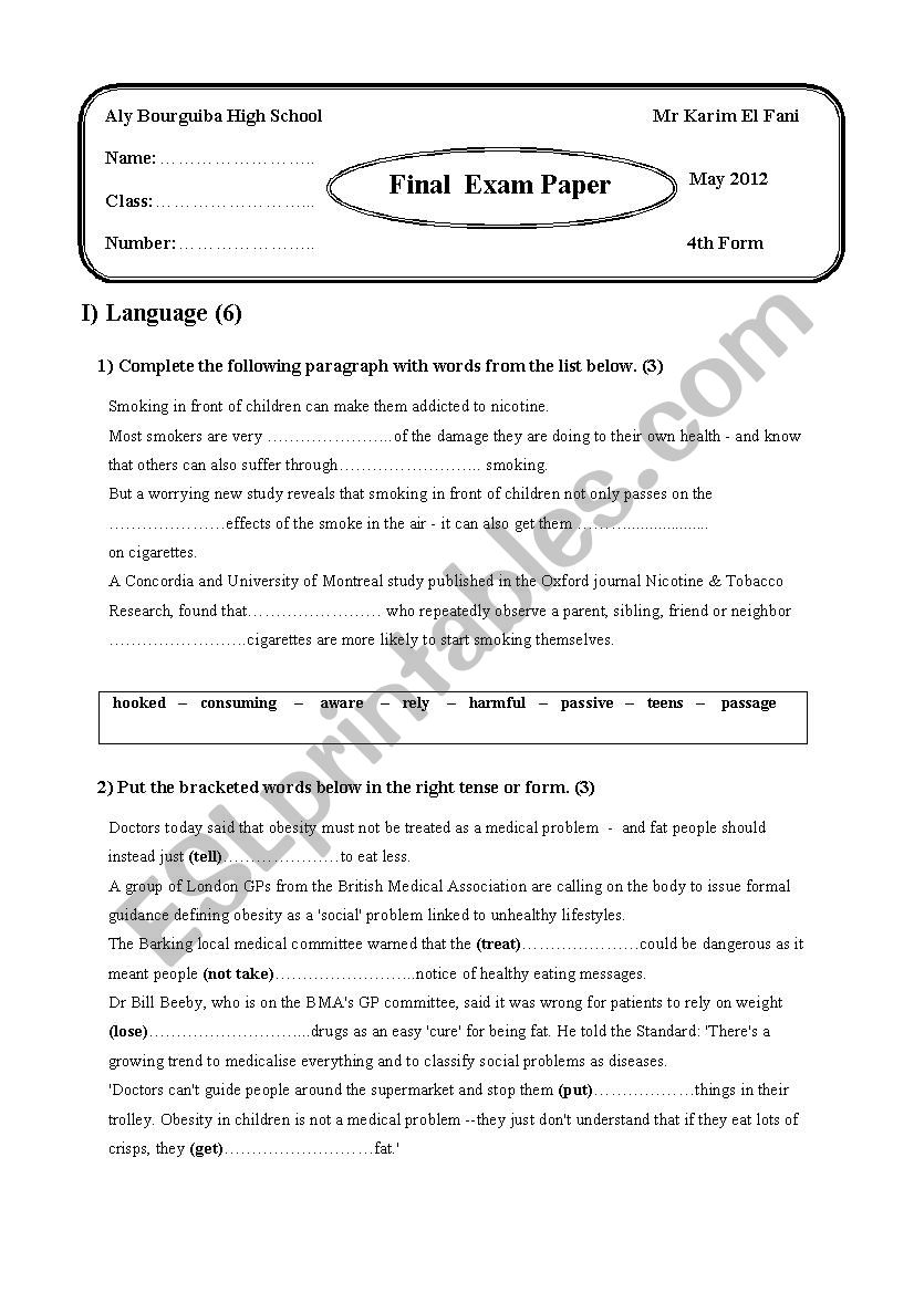 4th Form end-of-term test N3 worksheet