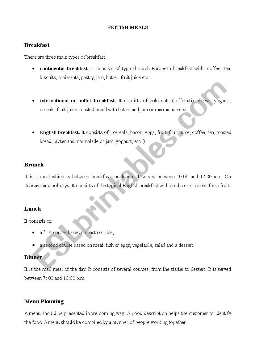 British Meals worksheet