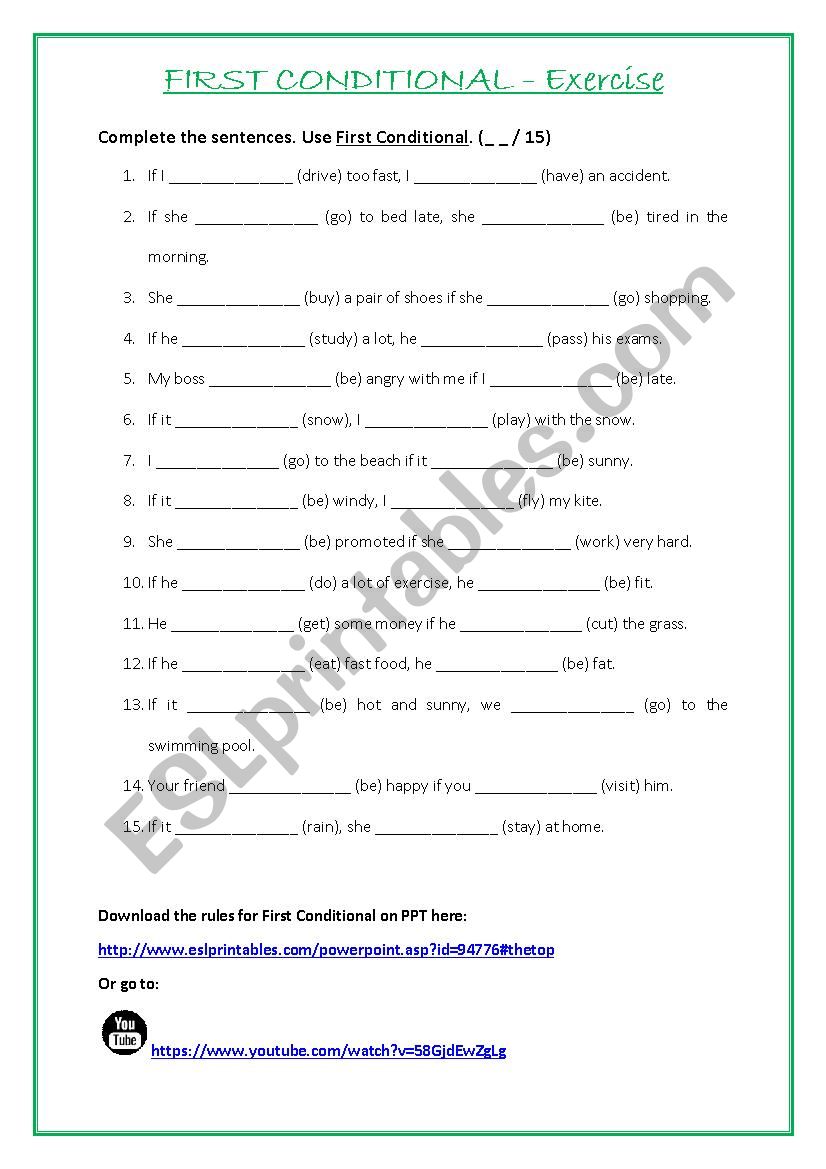 First Conditional - Rules, Exercise and Answer Key