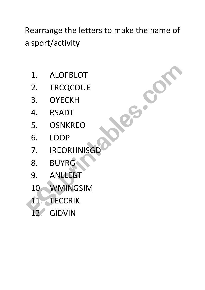 Sport Anagrams worksheet