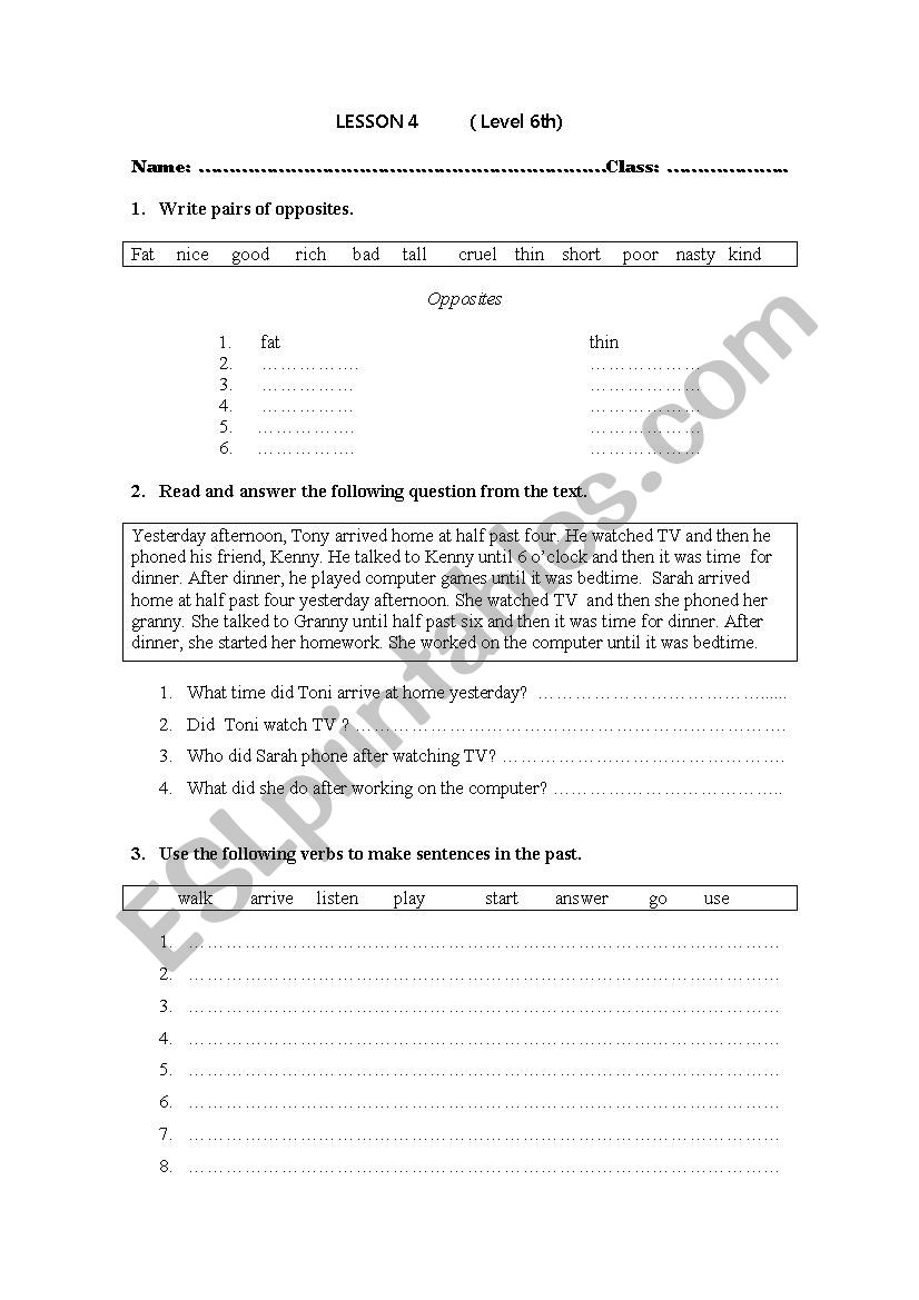 Simple past test worksheet