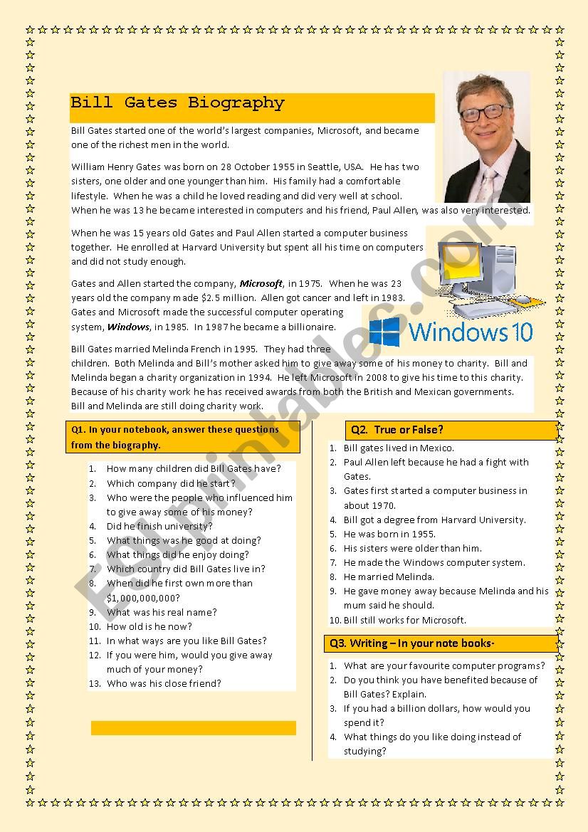 Bill Gates Biography worksheet