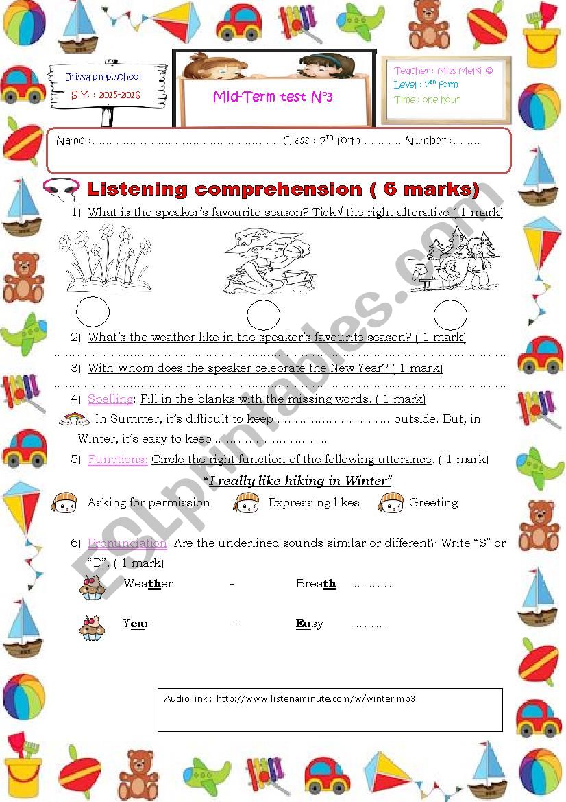 7th form mid term test 3 worksheet