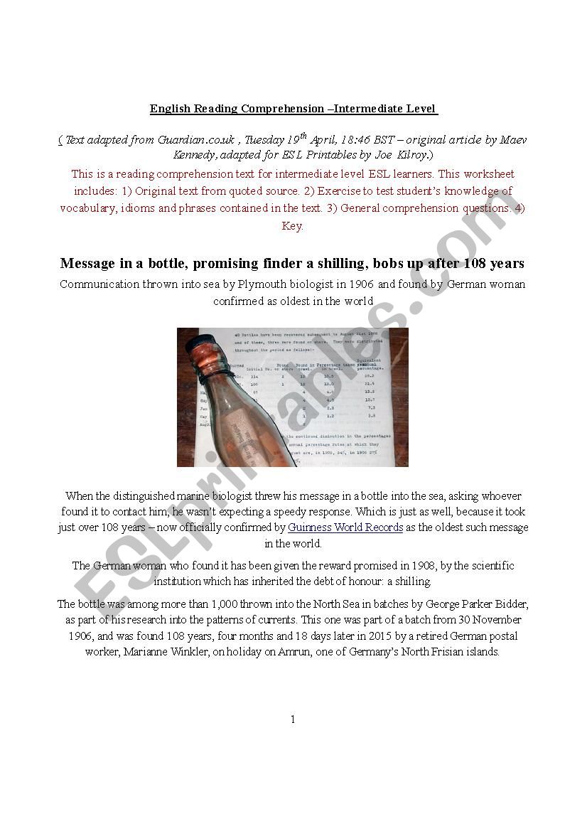 message in a bottle reading comprehension