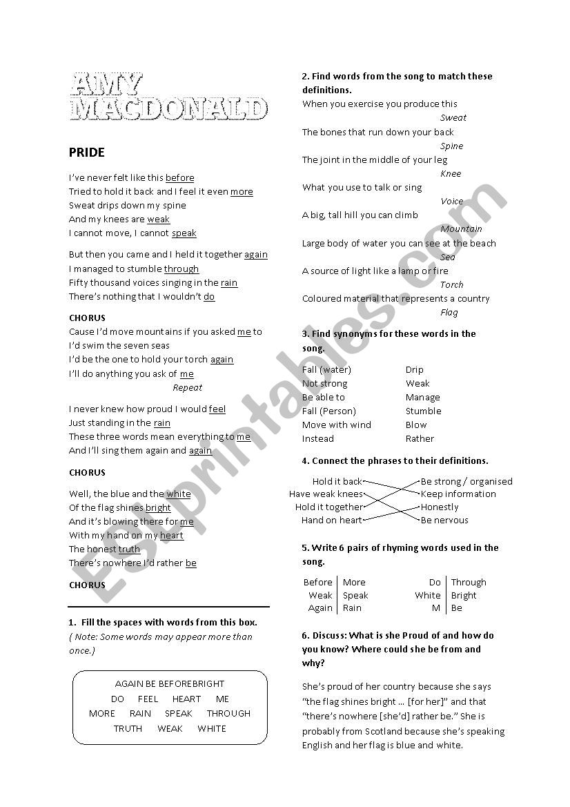 Lyric Worksheet - Pride worksheet