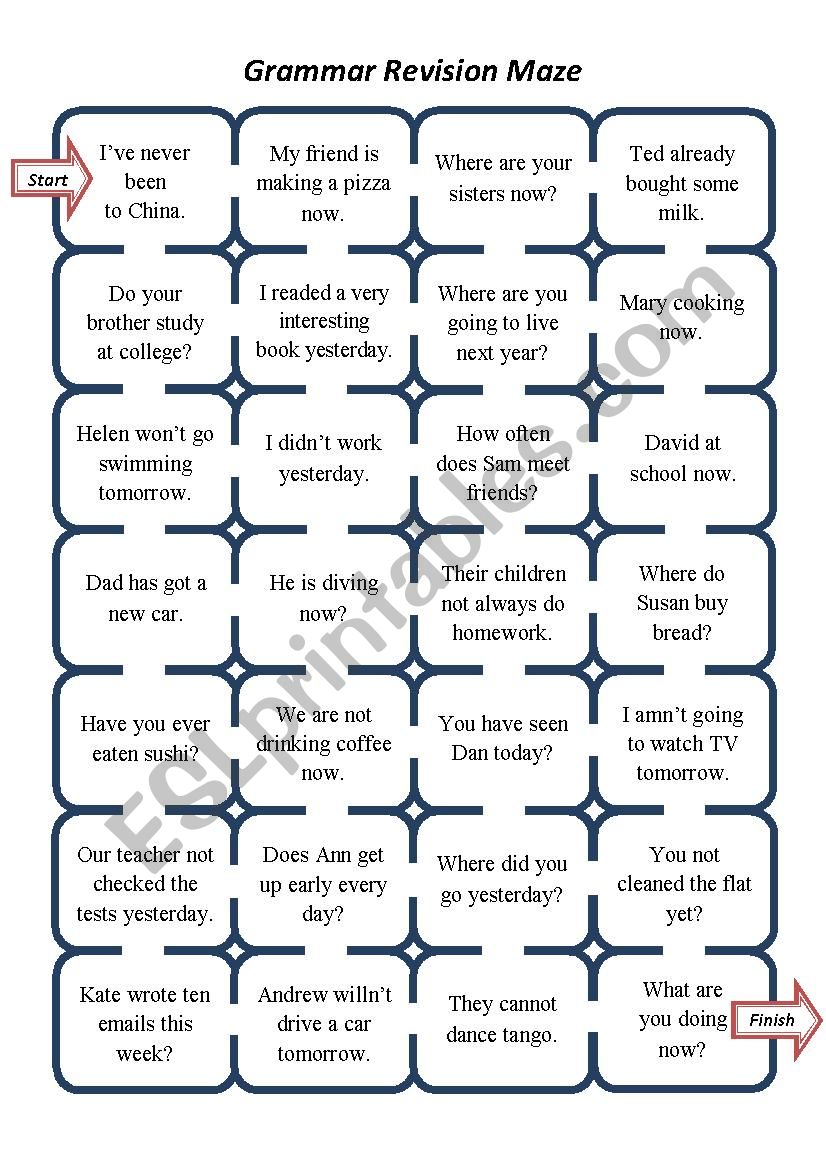 Grammar Revision Maze (Present Simple, Present Continuous, Present Perfect, Past Simple)