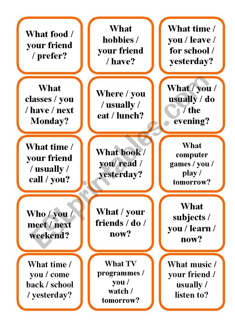 QUESTION CARDS (PRESENT SIMPLE/CONTINUOUS, PAST SIMPLE, PRESENT PERFECT, GOING TO)