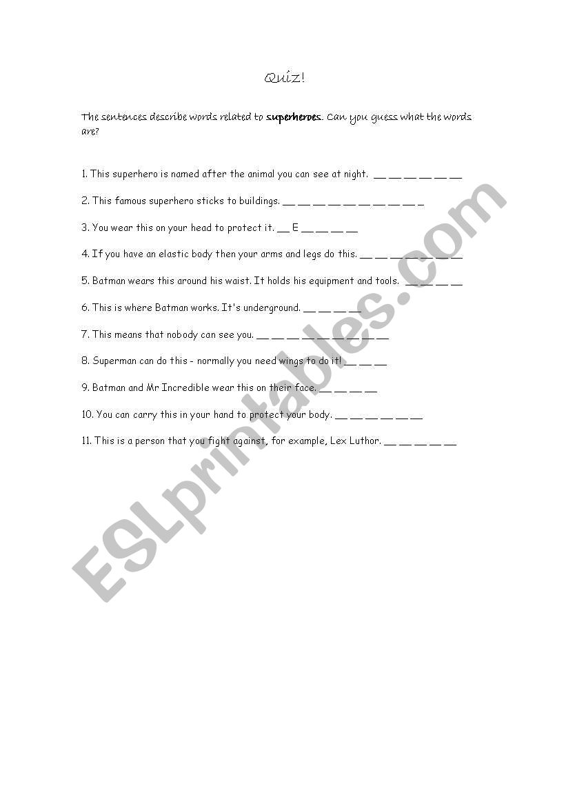 Superheroes vocabulary worksheet