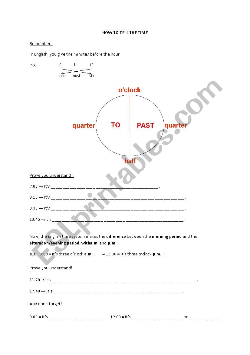 HOW TO TELL THE TIME worksheet