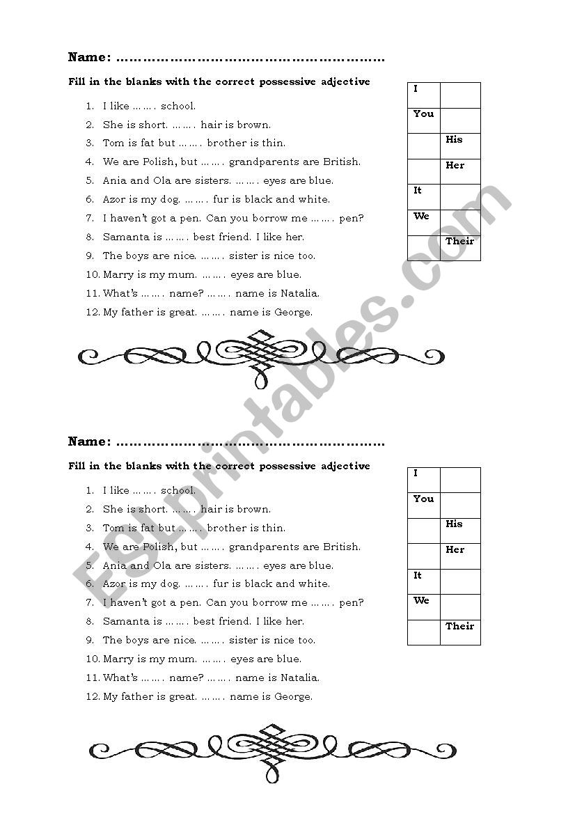 Possessive adjectives / pronouns - 10 min test