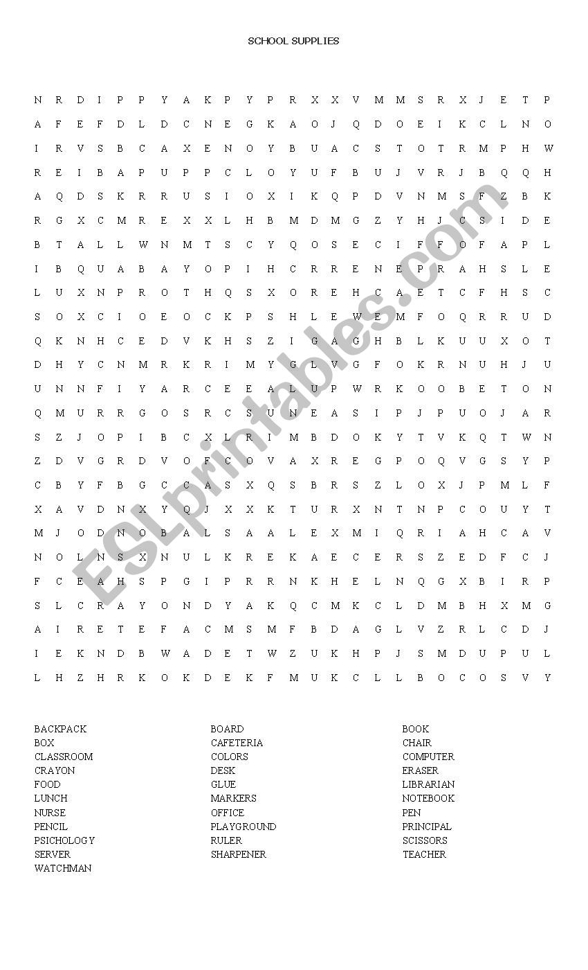 search word supplies school worksheet