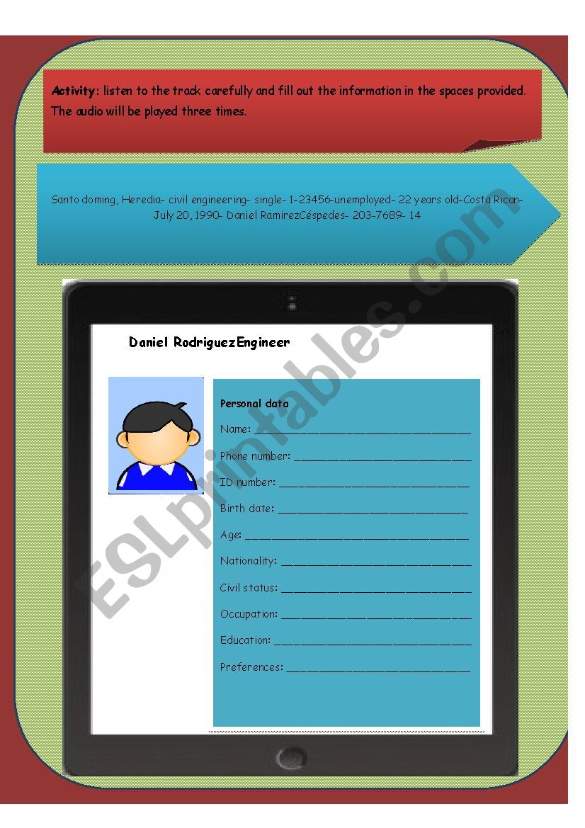 ID card- listening task worksheet