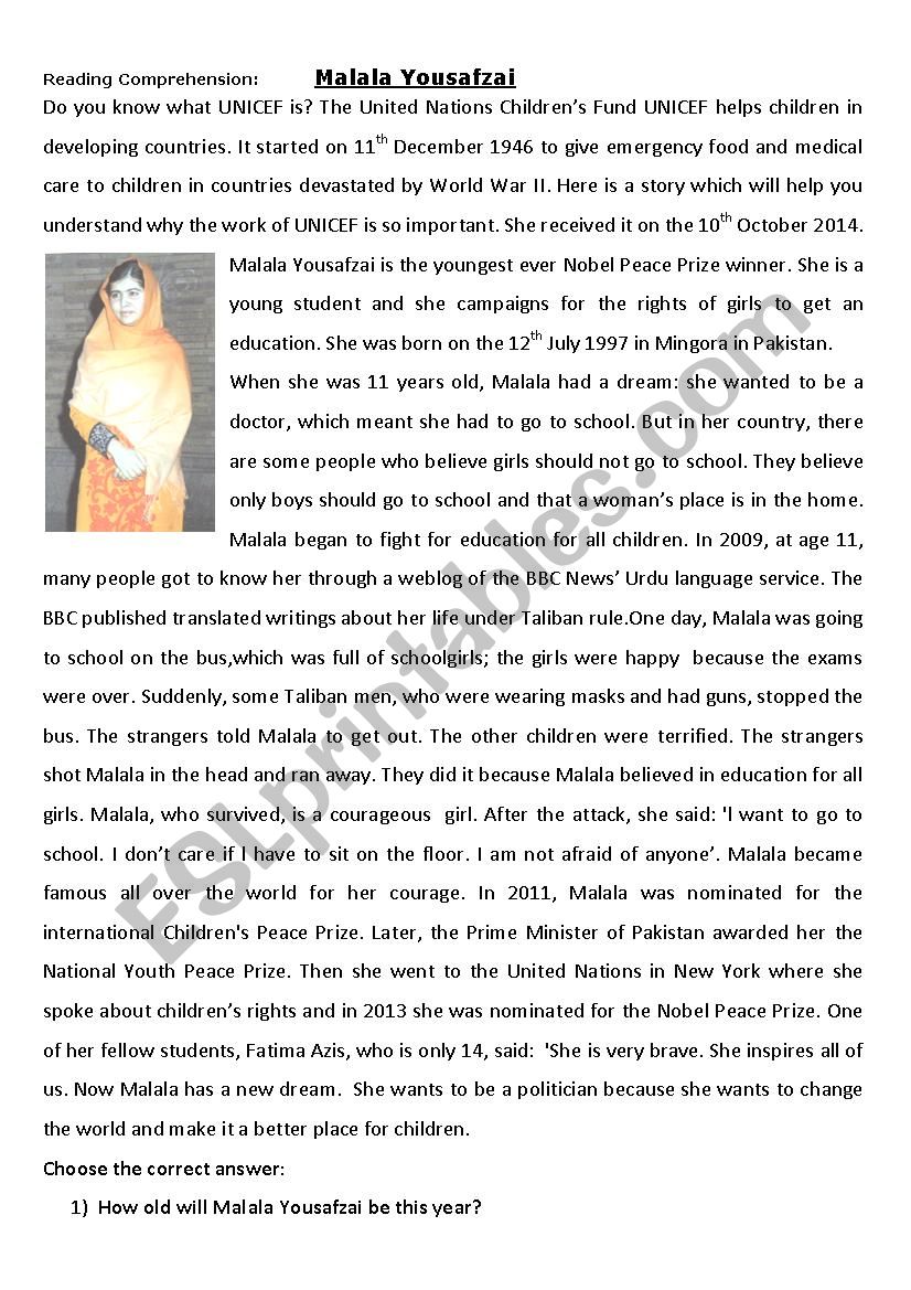 Reading comprehension MALALA worksheet