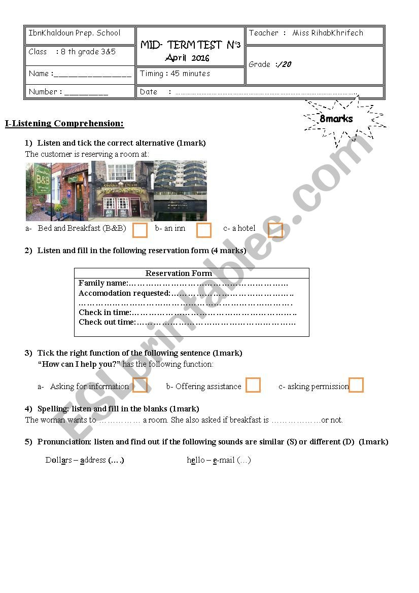 8th grade mid-term test 3  worksheet