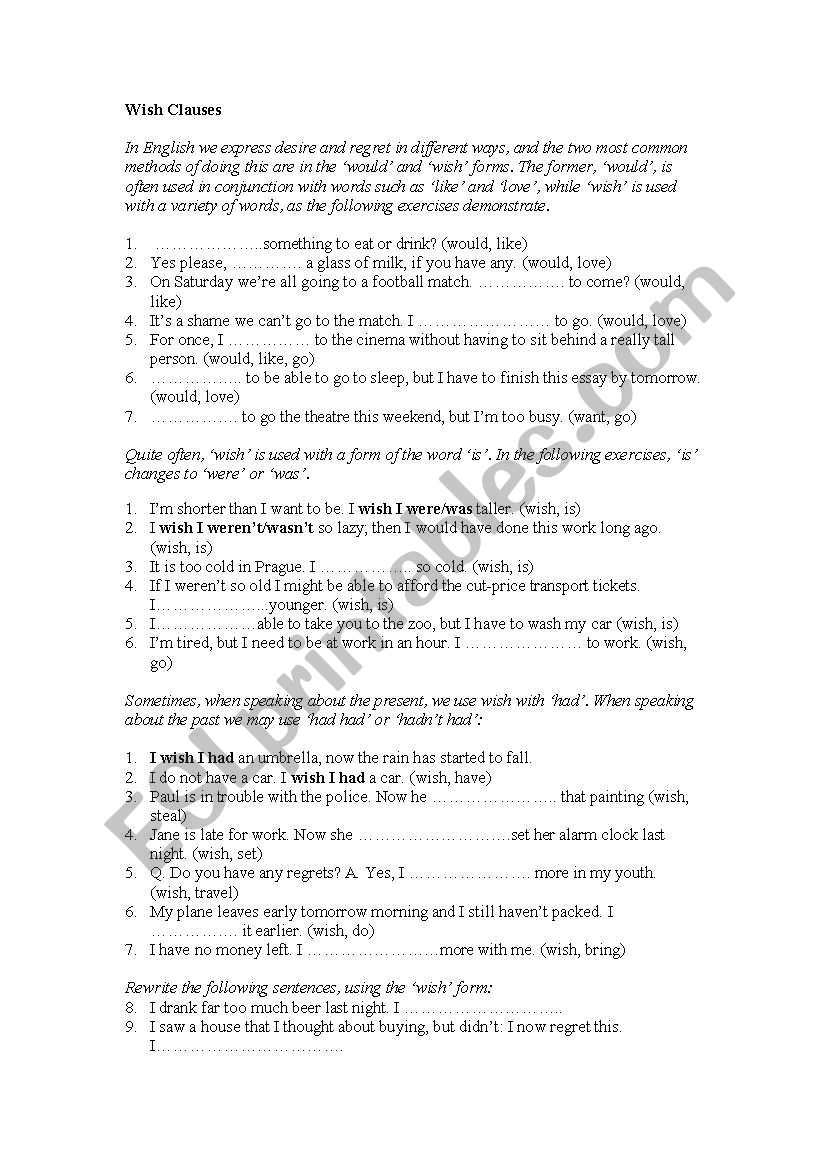 wish clause worksheet