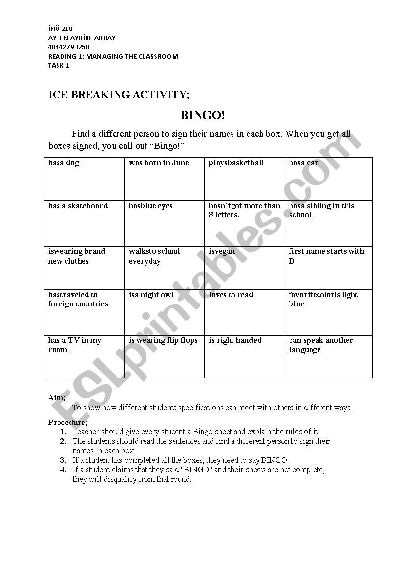 BINGO worksheet