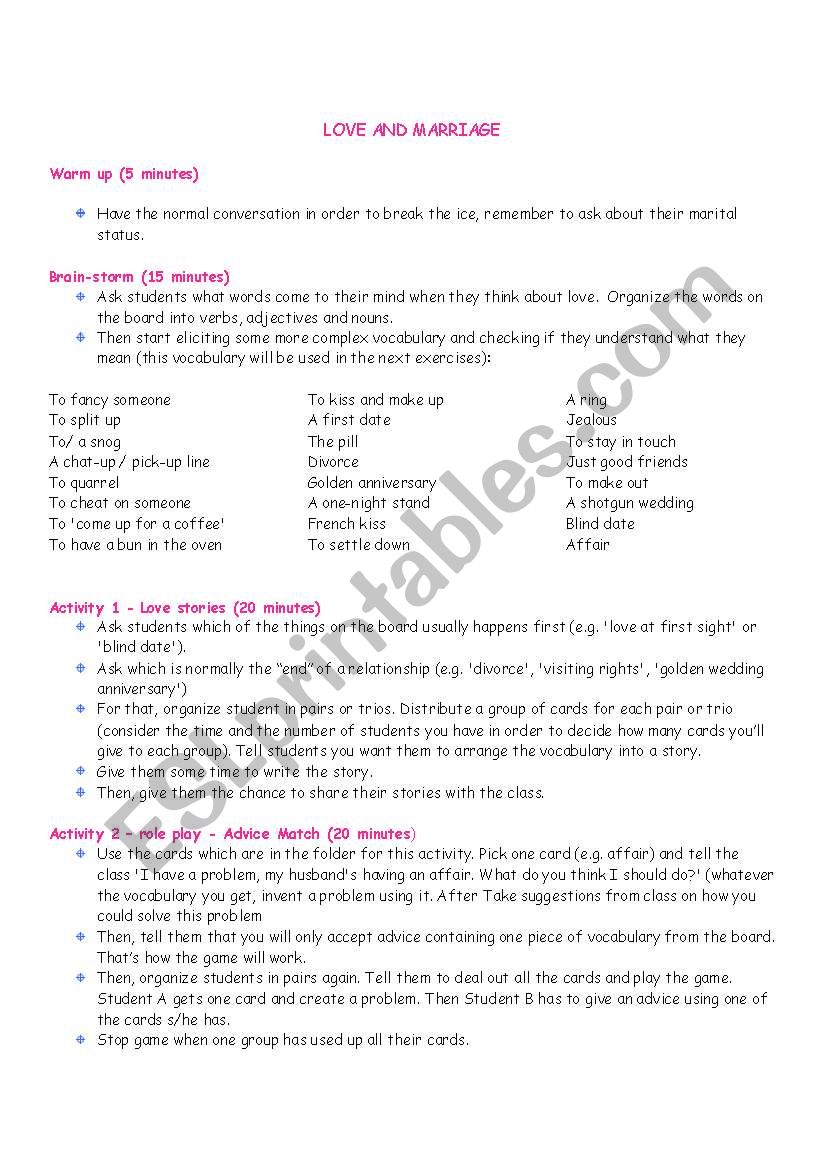 love and marriage worksheet