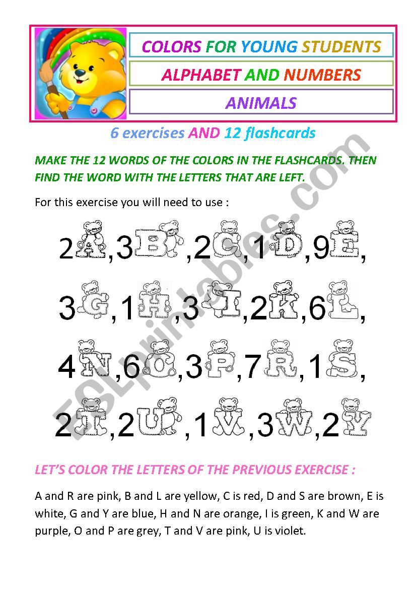 Colors, alphabet, numbers and animals for beginners - 6 exercises and 12 flashcards.