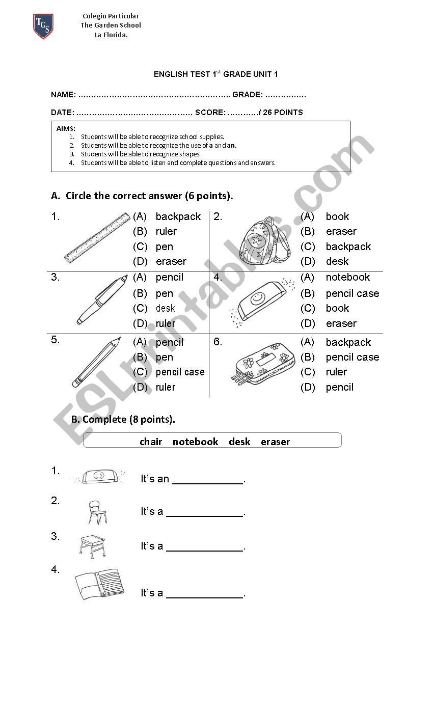 school objects worksheet