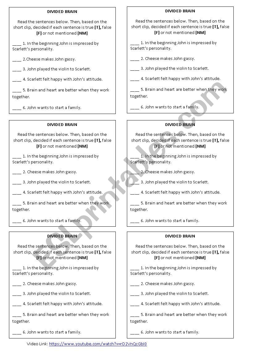 Divided Brain worksheet