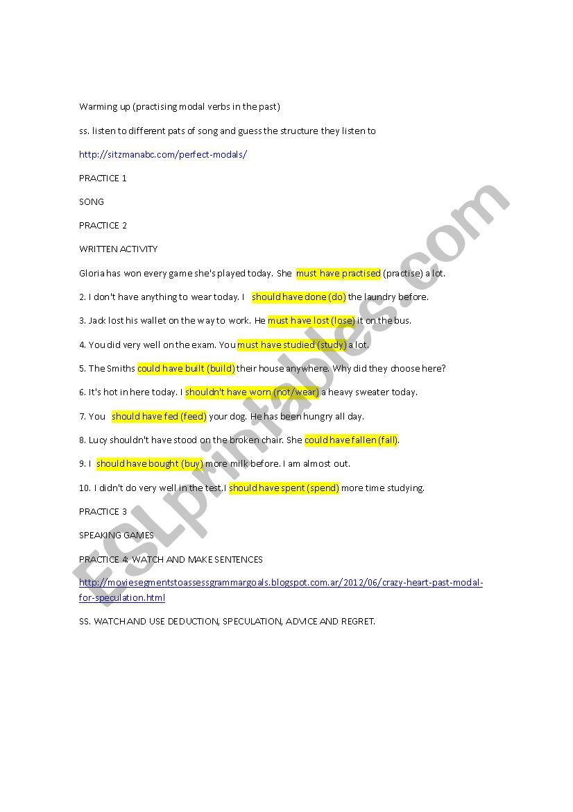 MODALS IN THE PAST worksheet