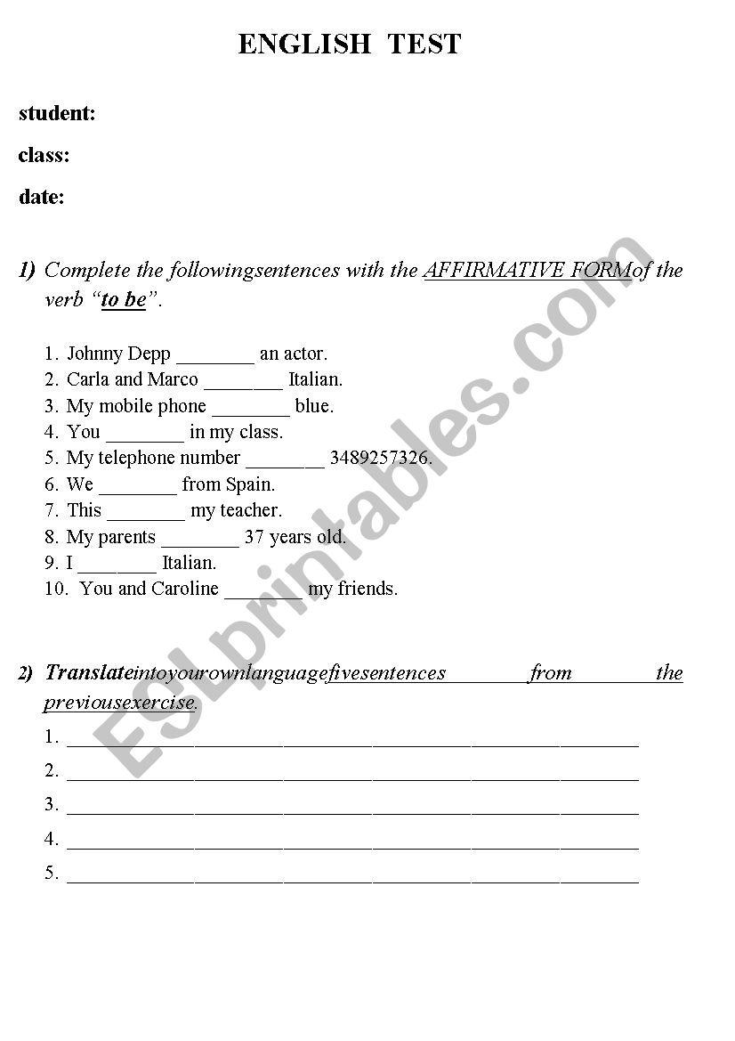 English Test 3 worksheet