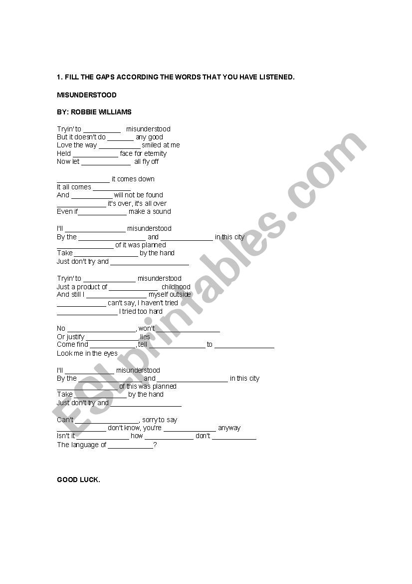 Misunderstood song worksheet