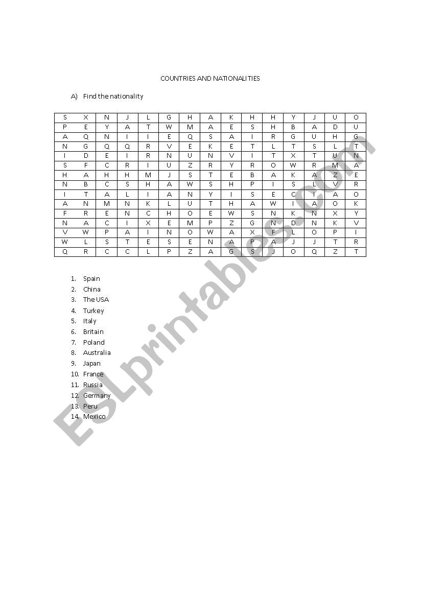 Countries and Nationalities worksheet