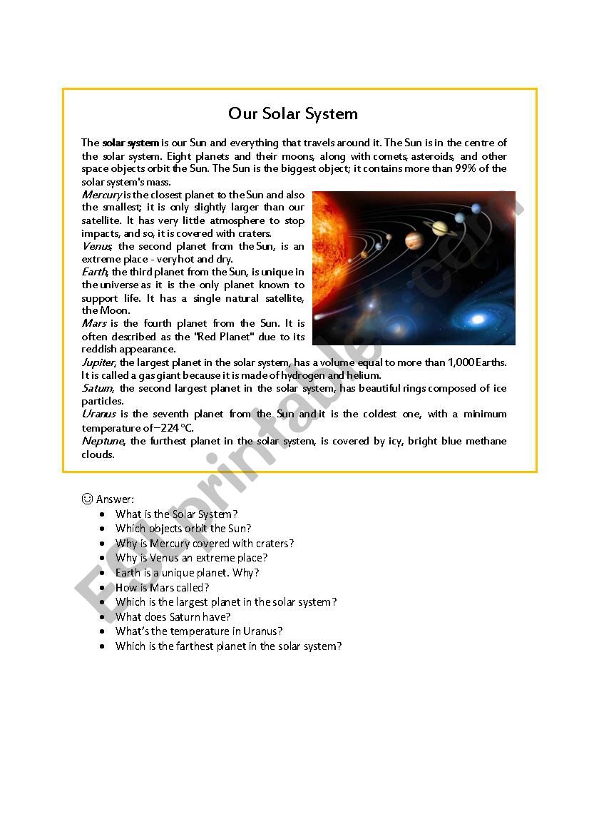 Our Solar System worksheet