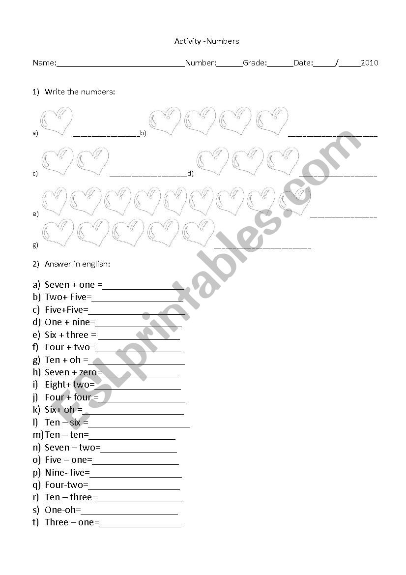 activities numbers worksheet