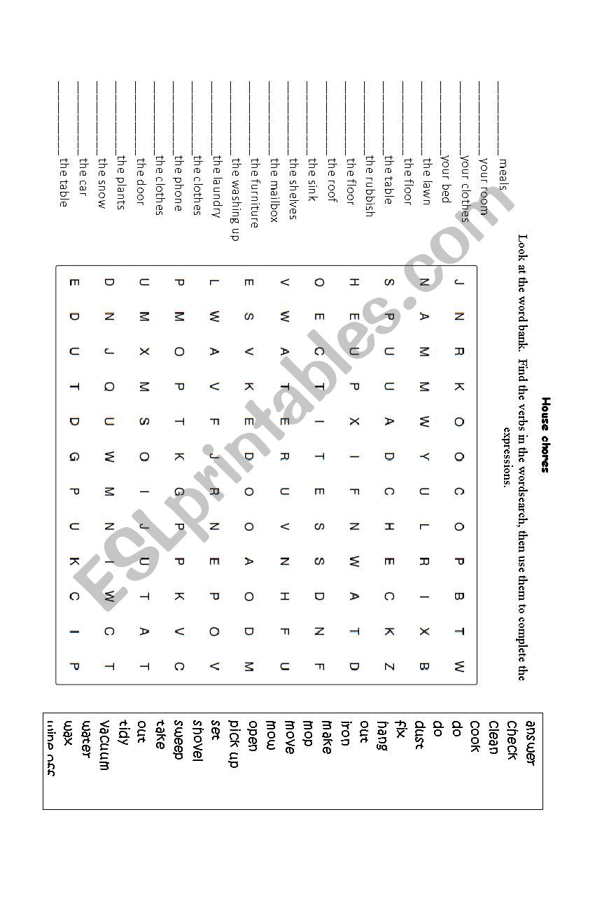House chores (wordsearch) worksheet