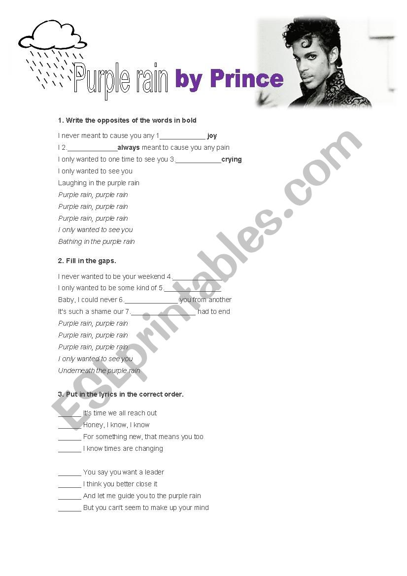 Purple rain by Prince worksheet