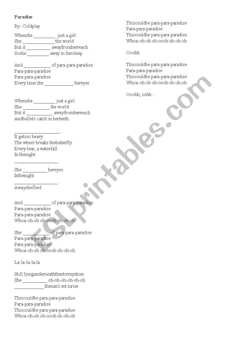 Coldplays Paradise (worksheet)