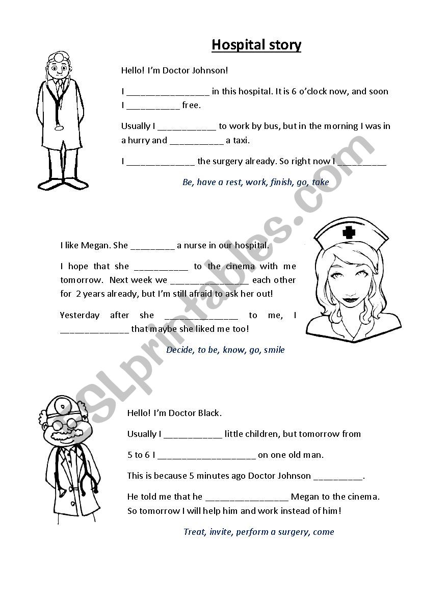 Hospital Story (verb tenses worksheet)