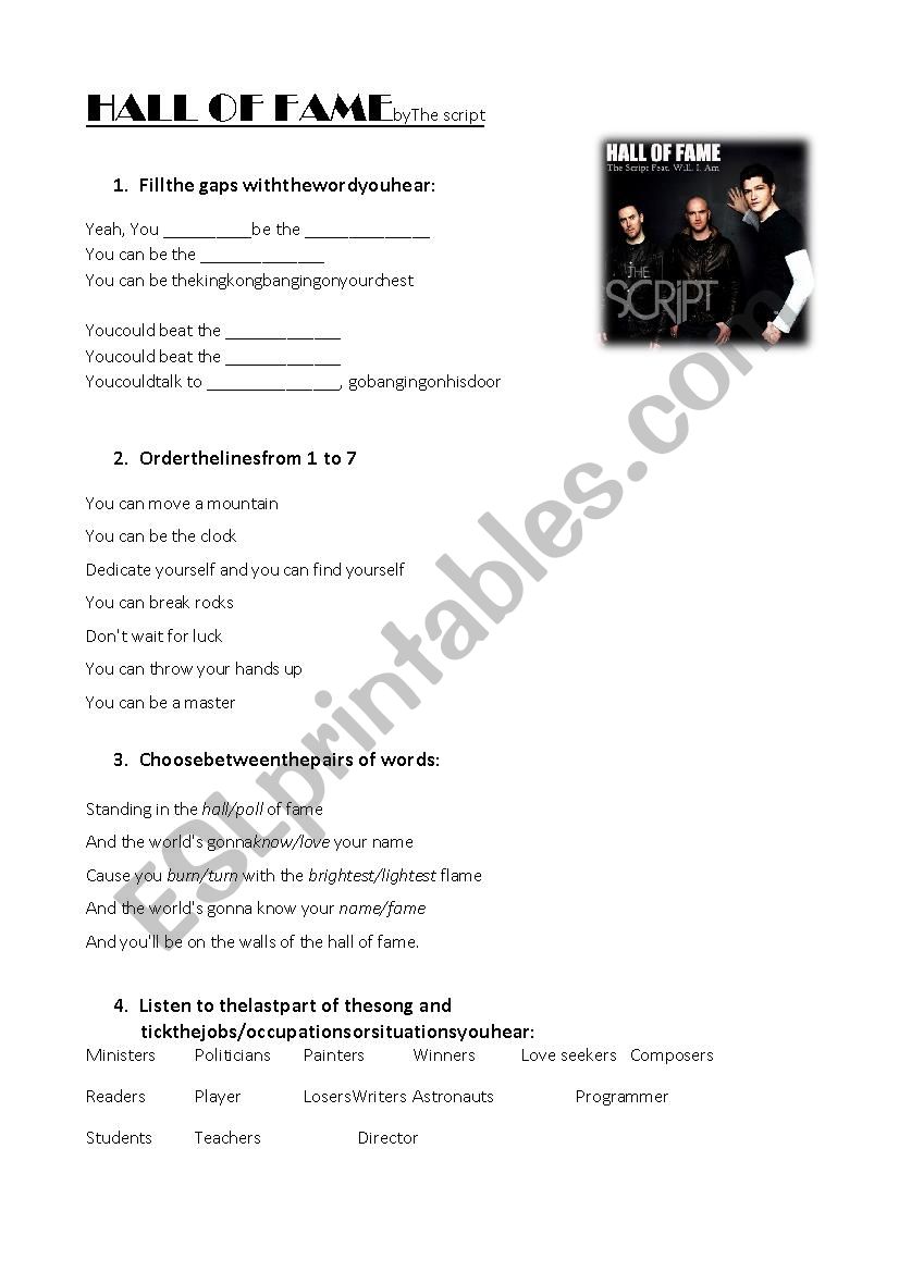 Hall of fame worksheet