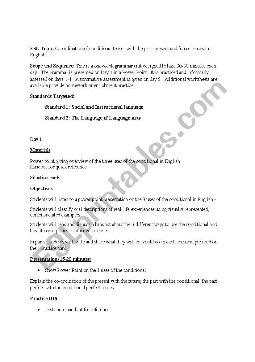 Lesson Plan to Teach conditional correspondence of tenses to intermediate. ELLs