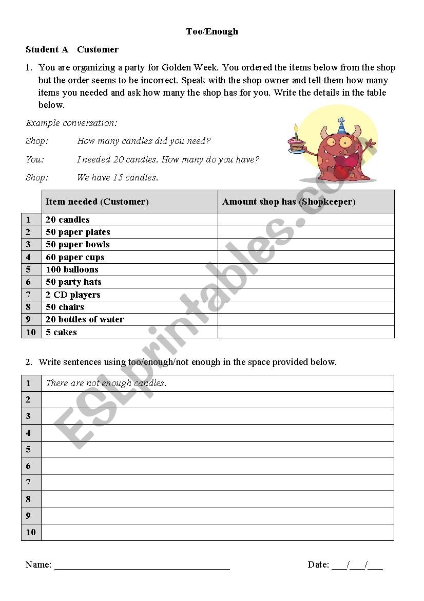 Too/Enough worksheet