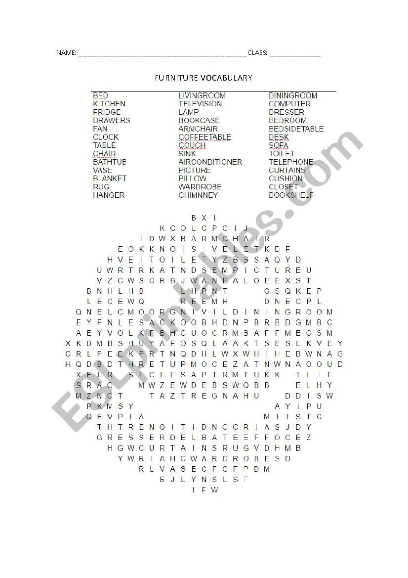 Furniture vocabulary wordsearch