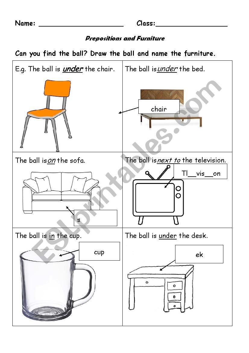 Prepositions and Furniture worksheet