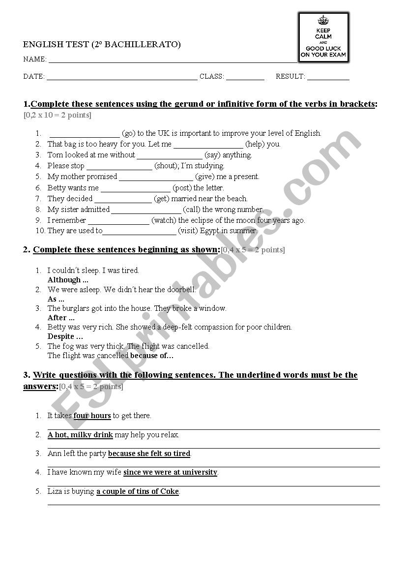 EXAM 2 BACHILLERATO worksheet